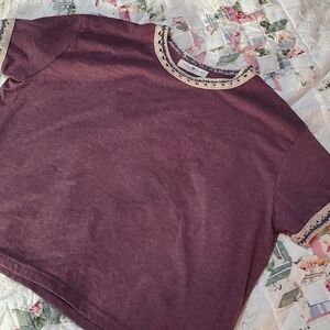 Purple Short Sleeve Cropped Top with Crochet Trim